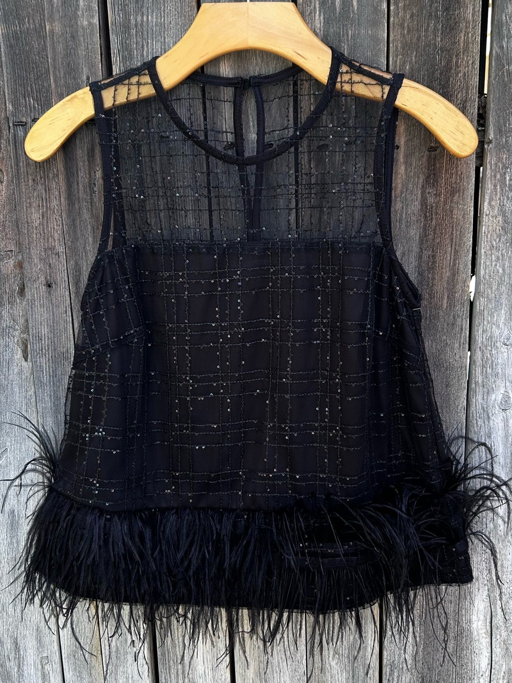 NWT Raisonnel Luxe Feather Trim Sequin Mesh Top Black S - Picture 16 of 16